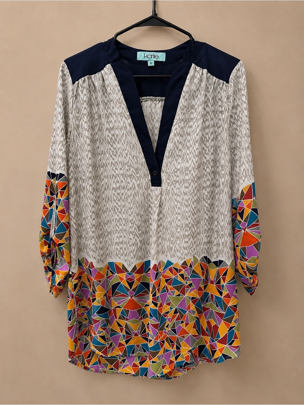 Karlie Cream Tunic with Navy Trim & Multicolor Geometric Hem